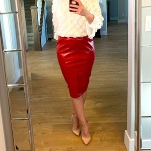 Red ECO leather high waist skirt. Longer back